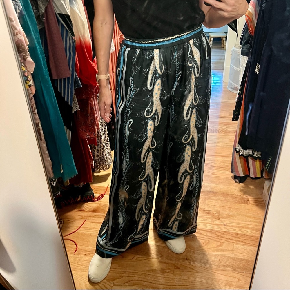 KOBI HALPERIN Delanie Paisley-Print Wide Leg Silk Pants, Large - w/ Measurements